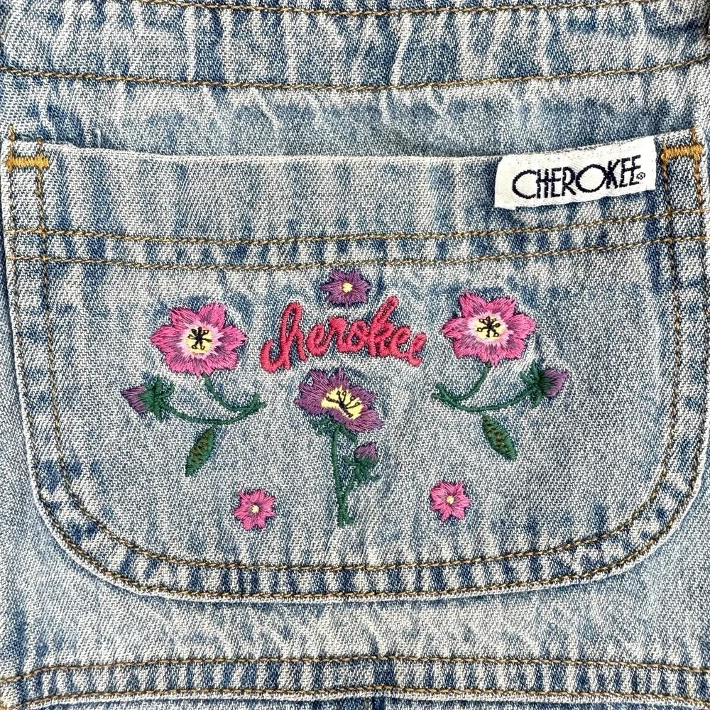Vtg 90s Cherokee Denim Overall Dress Girls Size 6 Embroidered Floral Cottagecore